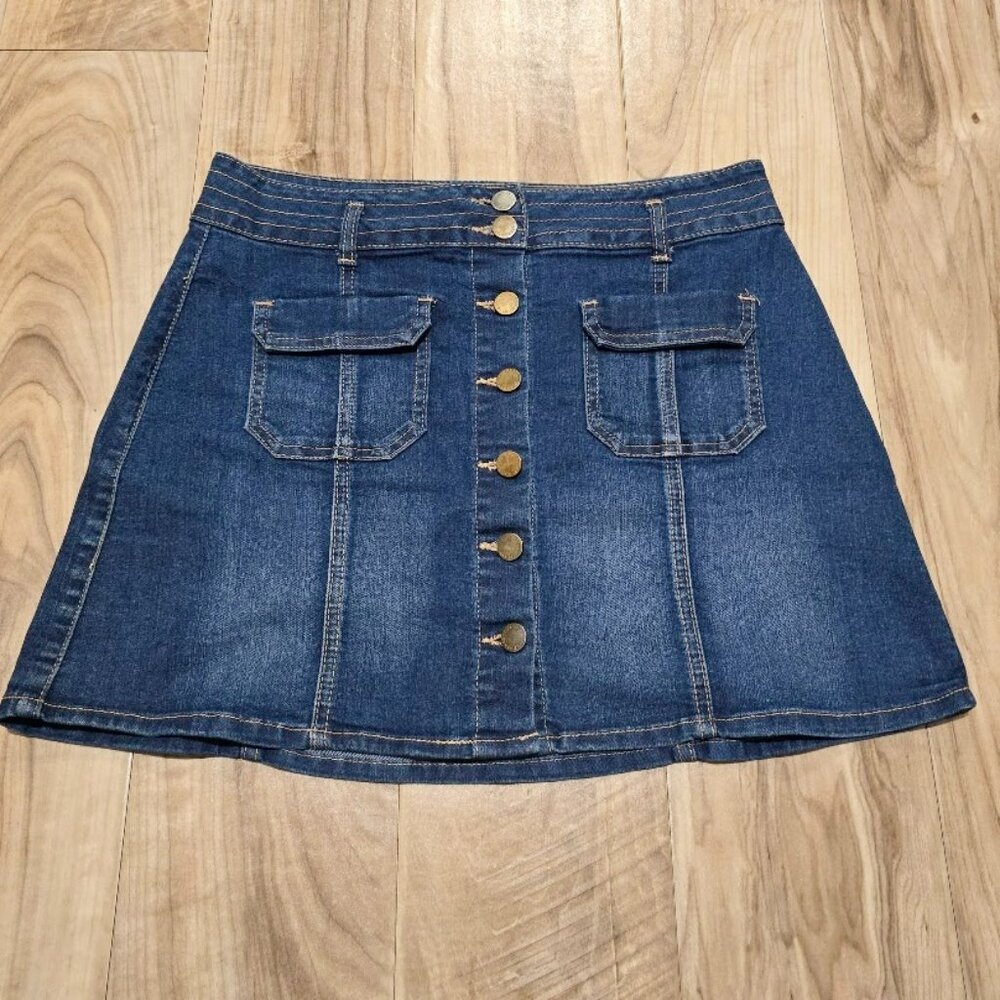 JOLT Button Front Denim Blue Jean Mini Skirt Size Retro 70s Boho Chic 31 x 15.5